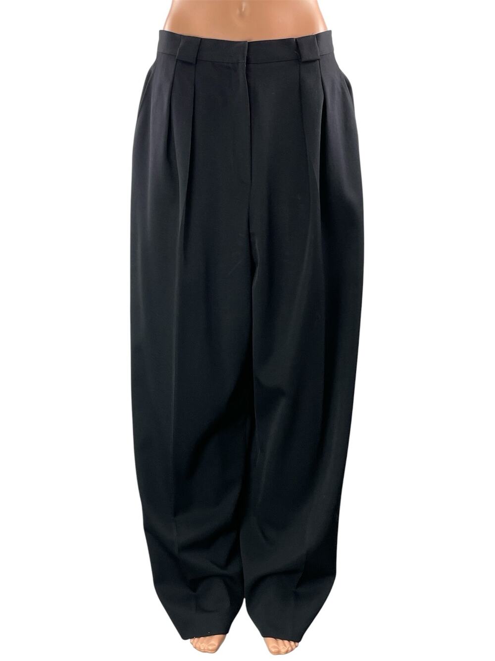 Anne Klein Womens Black 100% Wool High Rise Pleated Baggy Trousers Pants Size 14